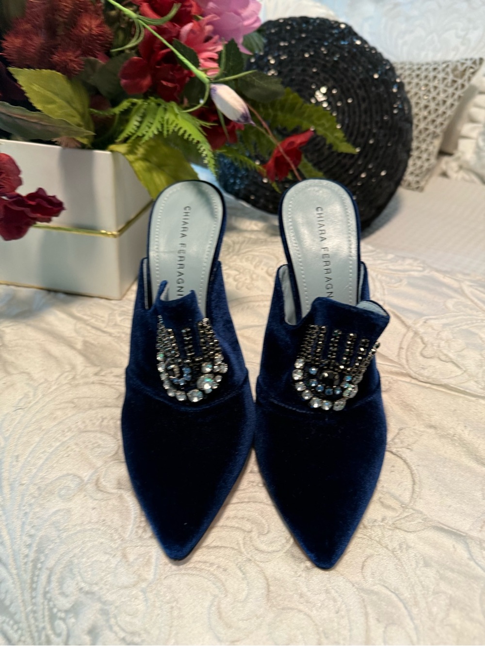 Chiara Ferragni Navy Velvet Crystal-Embellished Pointed Mules